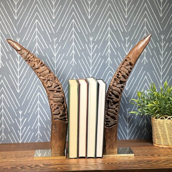 Vintage Hand Carved Wood Elephant Tusk Bookends or Sculptures on Brass Bases - Picture 1 of 17